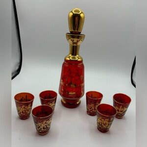 Vintage Ruby Red Glass Gold Gilded Decanter Set with 6 Shot Glasses